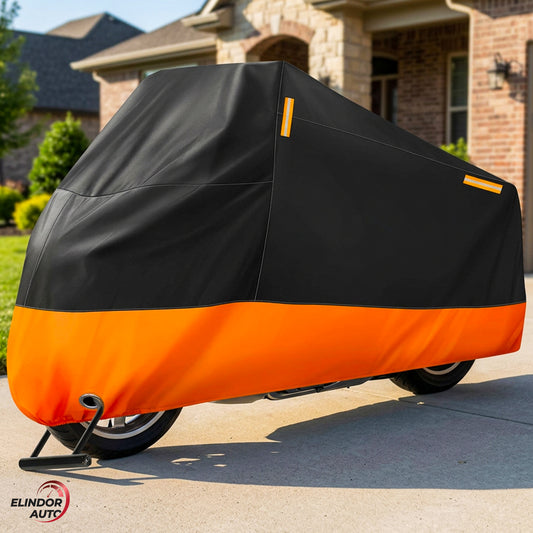 Husa Motocicleta Universala Elindor® 4XL, Impermeabila, Protectie Antipraf si UV, Banda Reflectorizanta, Orificii Pentru Lacat, Material Oxford Durabil, Potrivita Pentru Exterior si Interior, Accesorii Motocicleta,274 × 104 × 127 cm, Negru