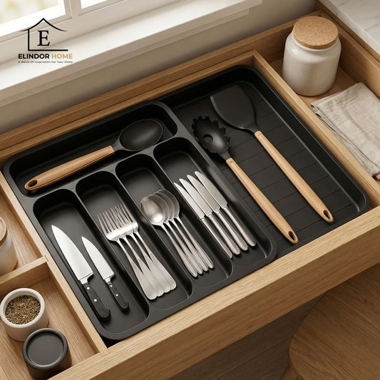 Organizator Elindor® pentru Tacamuri si Ustensile de Bucatarie, 6 Compartimente, Sertar Extensibil 34.5×32.5×5.5 cm, Suport Ajustabil pentru Cutite, Linguri, Furculite, Accesorii Bucatarie, Separator Sertar, Negru