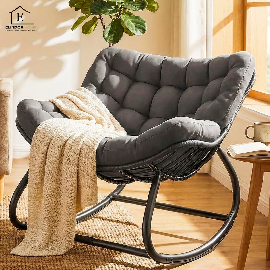 Fotoliu Balansoar Elindor® cu Spatar, Ergonomic, Cadru Solid din Otel, Suporta 120 kg, Ideal pentru Living, Dormitor, Exterior, Terasa, Negru