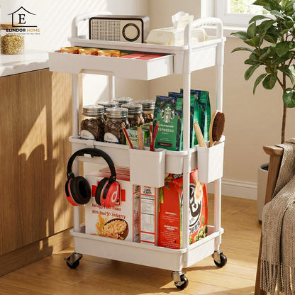 Carucior Organizator 3 Niveluri Elindor®, cu 1 Sertar si Roti 360°, Organizator Bucatarie, Multifunctional, Raft Mobil Organizare Baie, Camara, Birou, Bar, 38 x 27 x 74 cm, Alb