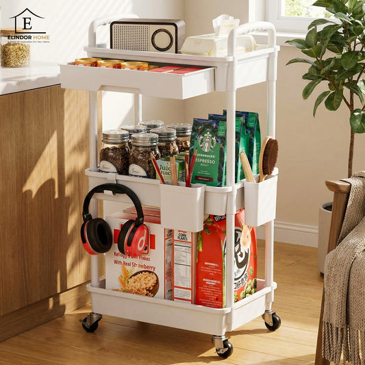 Carucior Organizator 3 Niveluri Elindor®, cu 1 Sertar si Roti 360°, Organizator Bucatarie, Multifunctional, Raft Mobil Organizare Baie, Camara, Birou, Bar, 38 x 27 x 74 cm, Alb