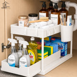 Organizator Multifunctional Elindor® pe 2 Niveluri, Sertar Glisant Organizare, pe Blat sau in Dulap sub Chiuveta, 16 Carlige, pentru Bucatarie, Baie, Camara, Bar, Raft cu Sertare Depozitare Legume, Detergenti, Parfumuri, 39.5x21.6x39 cm, Alb