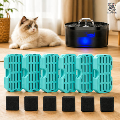 Set 6 Filtre + 6 Bureti Elindor® pentru Fantana de Apa Pisici si Caini, Compatibilitate cu Dispensere din Plastic de 2.2L, Filtrare Multipla, Carbon Activ, Albastru