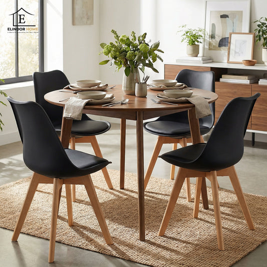 Set 4 Scaune Bucatarie Negre Elindor® din Piele Ecologica, Picioare din Lemn, Scaun Confortabil, Perna Sezut, Elegant, pentru Bucatarie, Dormitor, Living, 50 x 45 x 81 cm