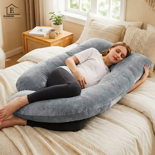 Perna Gravide si Alaptare Elindor®, Multifunctionala, Forma de J, Husa din Bumbac Satinat Detajabila, Lavabila, Suport Burta, Picioare, Cap, Gat, Spate, Ideala Pentru Dormit Lateral, 3.2 kg, 71 x 145  cm, Gri