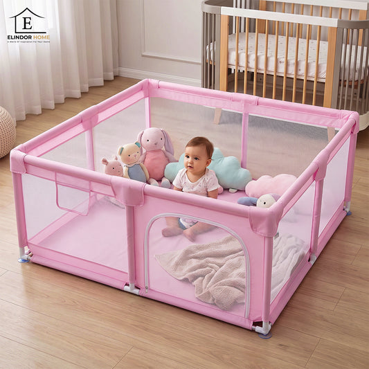 Tarc de Joaca pentru Bebelusi si Copii Elindor® Spatiul Sigur de Joaca, Plasa de Protectie, Include Usa cu Fermoar, Materiale Eco-Friendly și Non-Toxice, Varsta 0-5 ani, 200 x 150 x 65 cm, Roz
