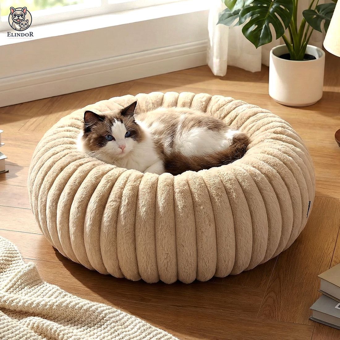 Pat Confortabil pentru Caini si Pisici Elindor® Rotund, Culcus Moale Antiderapant, Potrivit pentru Caine si Pisica de Talie Mica si Medie, Ideal in Orice Anotimp, in Casa, Marimea S, 50x50x15 cm, Bej