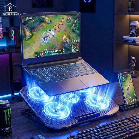 Cooler Laptop Gaming RGB Elindor® Suport cu Unghi Reglabil pe 5 Nivele, Viteza Ajustabila, Dimensiuni Compatabile 12-15.6 Inch, 5 Ventilatoare Puternice si Silentioase, 2 Porturi USB, Suport Telefon, pentru Birou, Calatorii, 36 × 25.5 × 2.7 cm, Negru