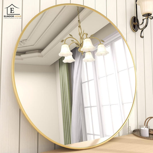 Oglinda Rotunda  70 cm  Rama Aurie Elindor® Decorativa, Moderna si Eleganta, Reflexie HD, Sticla fara Distorsiuni, Ideala pentru Dormitor, Living, Birou, Dressing, Hol