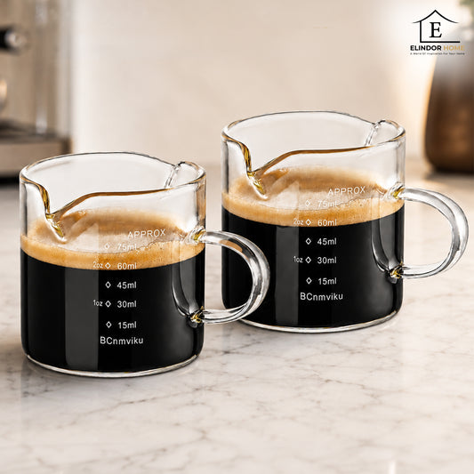 Set 2 Cesti Espresso Elindor® 75 ml, Sticla Borosilicata Termorezistenta, Pereti Dubli, Duze Duble pentru Turnare, Rezistente la Congelator, Masina de Spalat si Cuptorul cu Microunde, Transparent
