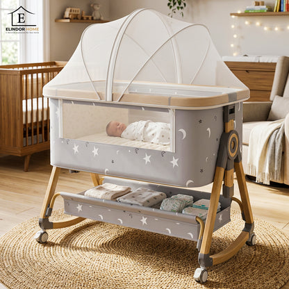 Patut Pliabil Bebelusi Elindo® 3 in 1, Copii 0-6 luni, Leagan Bebe pe 6 Nivele de Inaltime, Cos Depozitare, Portabil, Plasa Laterala, Roti cu Sistem Blocare, Saltea Integrata, Greutate Maxima 9-12 kg, Model cu Stele, Gri
