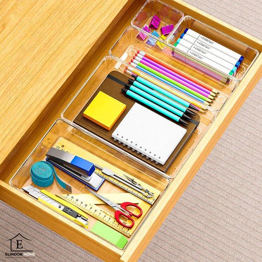 Set 12 Cutii Depozitare Elindor® Organizator pentru Bucatarie si Baie, 4 Marimi, Organizatoare Dulap si Sertare, Cutie pentru Sertar, Frigider, Camara, Baie, Bar, Birou, Cos Multifunctional, Separator Fructe, Legume, Creme, Parfumuri, Plastic Acrilic