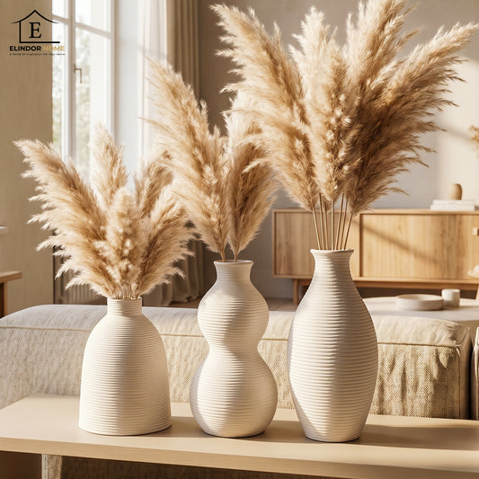 Set 3 Vaze Decorative Elindor® Ideale pentru Flori, Cadou de Casa Noua, Vaza Decorativa pentru Interior sau Exterior, Living, Birou, Dormitor, Hol, Terasa, Textura Mata in Dungi Orizontale, din Ceramica Alba
