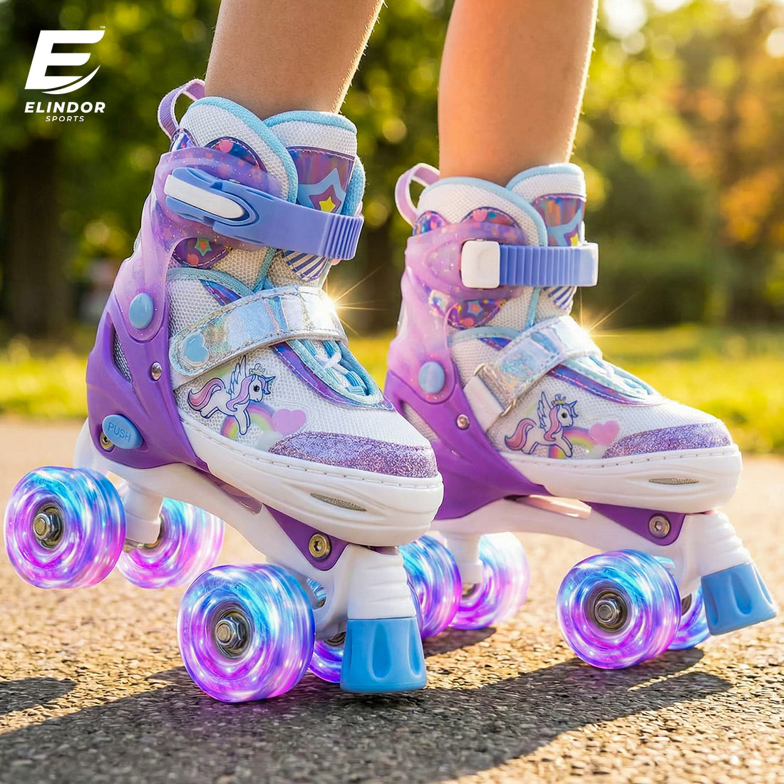 Role Reglabile Elindor® pentru Copii si Adulti, 4 Roti Luminoase din Silicon Quad, Rulmenti ABEC-7, Frana Fata, Aluminiu / Poliuretan, Patine cu Rotile pentru Fete, Baieti, Dama, Marimea S, 28-31, Mov
