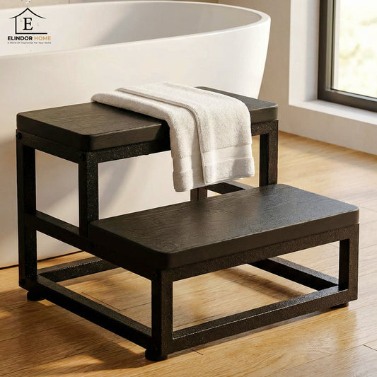 Taburet Fix Elindor®, Platforma Antiderapanta, 2 Nivele, din Otel Carbon si lemn, Suprafata si Baza Antiderapanta, 38 × 35.5 × 38 cm, Negru