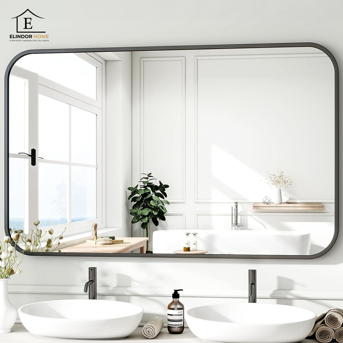 Oglinda Decorativa 122x75 cmElindor® Agatare pe Perete sau Sprijinita, Neagra, Dreptunghiulara, Colturi Rotunjite, Moderna si Eleganta, Reflexie HD, Sticla fara Distorsiuni, Ideala pentru Dormitor, Living, Birou, Dressing, Hol, Baie, Rama Metalica,