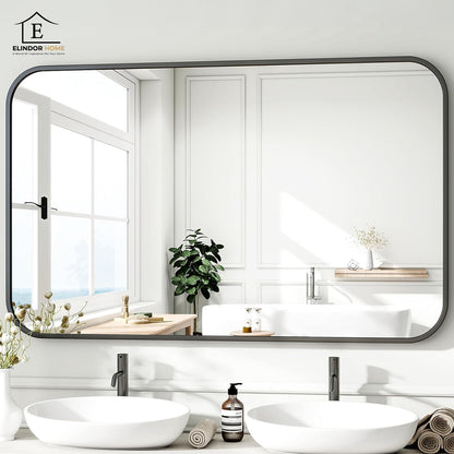 Oglinda Decorativa 122x75 cmElindor® Agatare pe Perete sau Sprijinita, Neagra, Dreptunghiulara, Colturi Rotunjite, Moderna si Eleganta, Reflexie HD, Sticla fara Distorsiuni, Ideala pentru Dormitor, Living, Birou, Dressing, Hol, Baie, Rama Metalica,