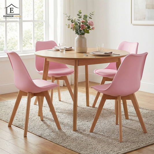 Set 4 Scaune Bucatarie Roz Elindor® din Piele Ecologica, Picioare din Lemn, Scaun Confortabil, Perna Sezut, Elegant, pentru Bucatarie, Dormitor, Living, 50 x 45 x 81 cm