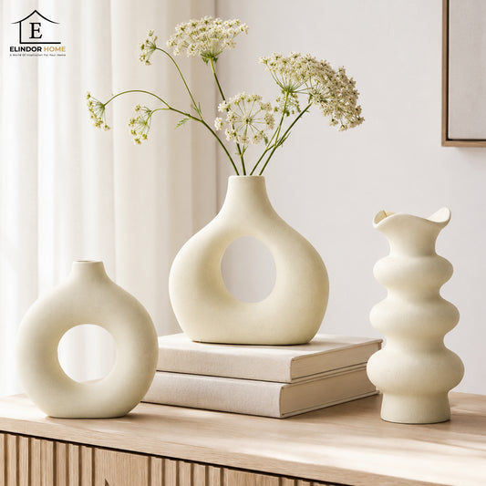 Set 3 Vaze Decorative Elindor® Ideale pentru Flori, Cadou de Casa Noua, Vaza Decorativa pentru Interior sau Exterior, Living, Birou, Dormitor, Hol, Terasa, Design Fin, Stil Boho, din Ceramica Alba