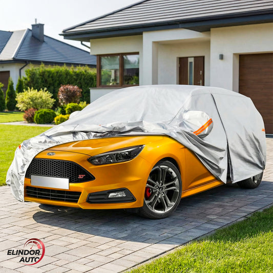 Prelata Auto Premium Elindor® Impermeabila, Protectie UV, Antisoare, Praf, Ploaie si Zapada, Toate Anotimpurile, Husa Exterior, Huse Protectie Completa, Universala, Accesorii Masina, Marime Hatchback L, 400 x 180 x 160 cm, Gri