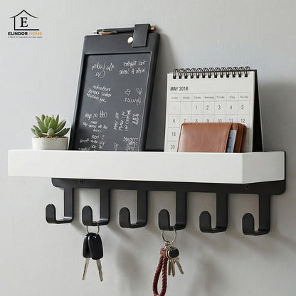 Suport pentru Chei din Lemn Elindor® pentru Perete, cu 6 Carlige, Maontare cu Adeziv sau Suruburi, Compact si Durabil, pentru Hol, Sufragerie, Bucatariei, Dormitor, 25 x 6 x 6 cm, Alb