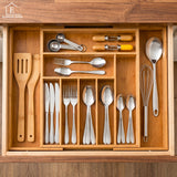 Organizator Extensibil Elindor® din Bambus, pentru Depozitare Tacamuri si Ustensile de Bucatarie, Furculite, Linguri, Cutite, 7-9 Compartimente, Sertar 50 x 44.5 x 5 cm, Suport Ajustabil, Separator Sertare Spatios, Accesorii Organizare, Bej