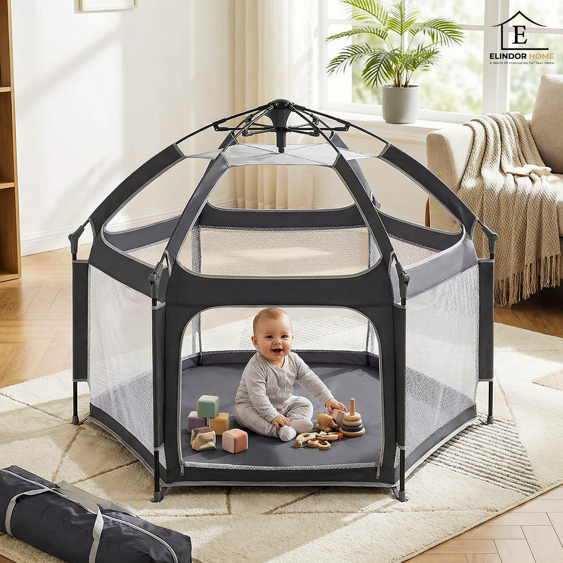 Tarc de Joaca pentru Bebelusi si Copii Elindor® Tip Cort, Spatiul Sigur de Joaca, Plasa de Protectie UV, Include Usa cu Fermoar, Materiale Eco-Friendly și Non-Toxice, Varsta 1-3 ani, 150 x 122 cm, Gri