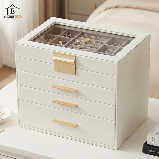 Cutie de Bijuterii Elindor® cu Capac, Organizator 4 Niveluri, 3x Sertar, Spatiu de Depozitare Inel, Verighete, Lantisoare, Bratari, Cercei, Caseta din Material Catifelat, Design Rafinat, Simplu si Elegant, Piele Ecologica Neagra, 15.2×25.1
