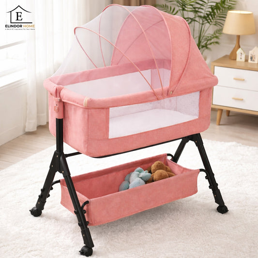 Patut Pliabil Bebelusi Elindor® 3 in 1, Leagan Bebe, Inaltime Reglabila, Portabil, Plasa Laterala, Roti cu Sistem Blocare, 104 x 58 x 80 cm, Roz