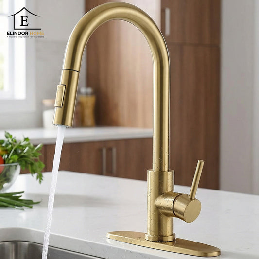 Baterie Chiuveta Aurie Elindor® Robinet de Apa, Modern cu Pipa Flexibila, Jet Reglabil, Cap Dus Extractabil cu Doua Functii, Monocomanda, Rotativ 360°, pentru Bucatarie, Otel Inoxidabil