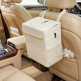 Cos Gunoi Auto Elindor®, Organizator Auto Impermeabil cu Capac si Buzunare Laterale, Cos Pliabil pentru Masina cu Prindere Reglabila, Material Textil Oxford Rezistent, 25 × 20 × 15 cm, Bej