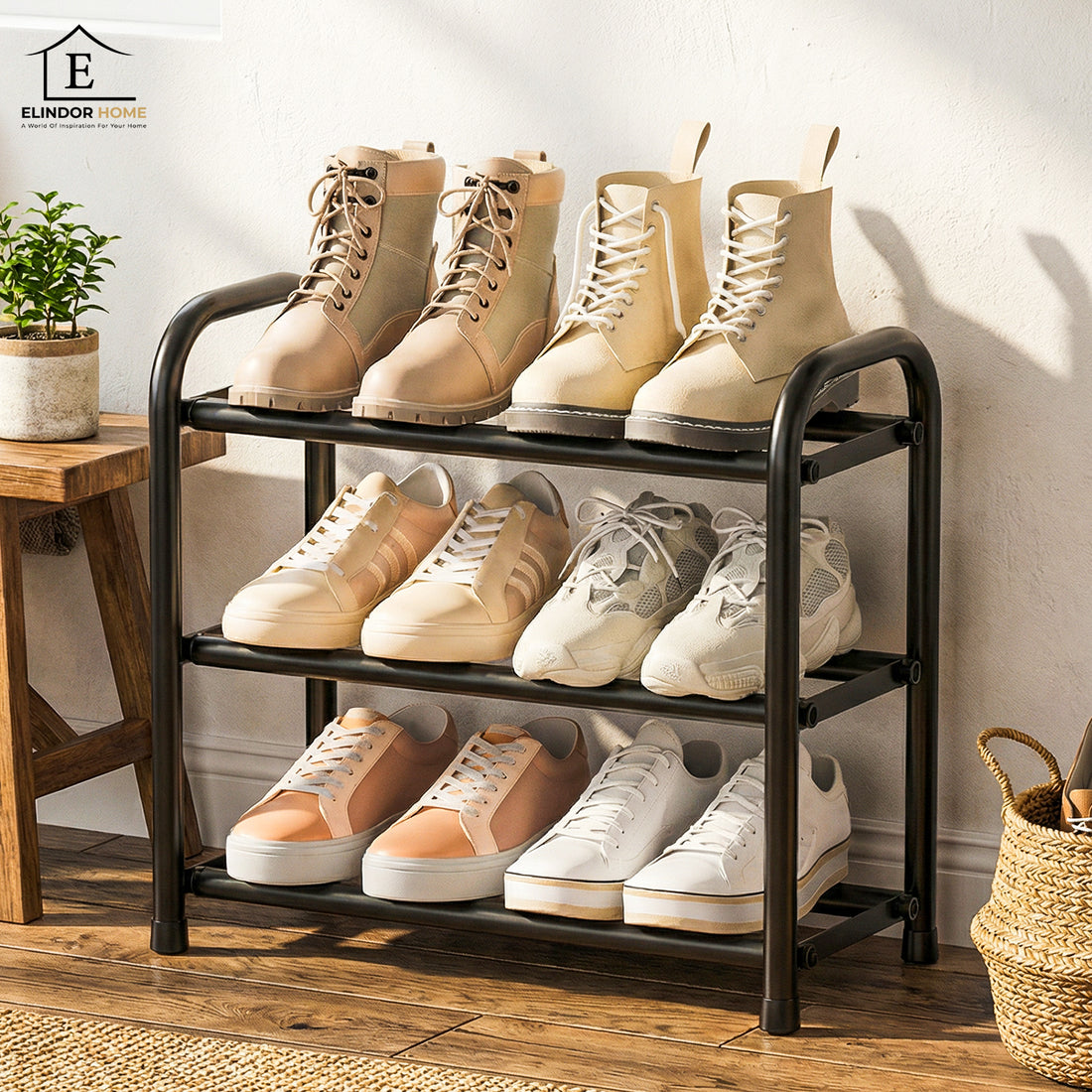Organizator Extensibil pentru Pantofi Elindor® Pantofar cu 3 Nivele Mari, Fara Gauri, Suport Metalic pentru Papuci, Dulap Hol, Dormitor, Economisire Spatiu, Depozitare Incaltaminte, 45–83 × 22.6 × 43.3 cm, Negru