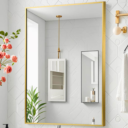 Oglinda Decorativa Elindor® Agatare pe Perete sau Sprijinita, Aurie, Dreptunghiulara, Moderna si Eleganta, Reflexie HD, Sticla fara Distorsiuni, Ideala pentru Dormitor, Living, Birou, Dressing, Hol, Baie, Rama Metalica, 90 x 60 cm