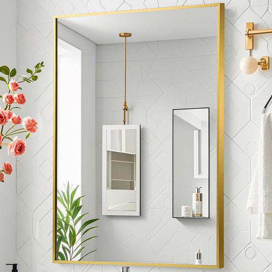 Oglinda Decorativa Elindor® Agatare pe Perete sau Sprijinita, Aurie, Dreptunghiulara, Moderna si Eleganta, Reflexie HD, Sticla fara Distorsiuni, Ideala pentru Dormitor, Living, Birou, Dressing, Hol, Baie, Rama Metalica, 90 x 60 cm