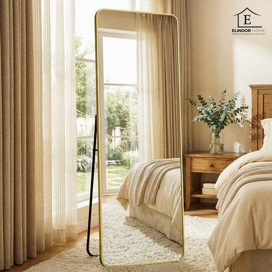 Oglinda de Podea Aurie Elindor® Decorativa, Verticala, Dreptunghiulara, Colturi Rotunjite, Suport Rabatabil, Montaj pe Perete sau Podea, Ideala pentru Dormitor, Living, Birou, Hol Dressing sau Nunta, Perfecta pentru Mireasa, Rama din Aluminiu, 150x40 cm