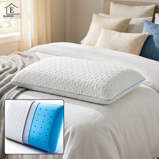 Perna Ortopedica Elindor® Memory Foam Pillow pentru Gat, Suport Cervical Ergonomic, Spuma cu Memorie Anatomica, Hipoalergenica, cu Gel, Husa Detasabila Respirabila, Ajuta la Spondiloza Cervicala, Ideal pentru Dormit, 60x40x14 cm, Alb