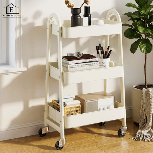 Carucior Organizator 3 Niveluri Elindor®, cu Roti 360°, Organizator Bucatarie, Multifunctional, Raft Mobil Organizare Baie, Camara, Birou, Bar, 42.5 × 29.5 × 75 cm, Alb