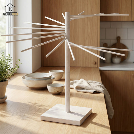 Suport XXL din Lemn Elindor® pentru Uscat Paste Fainoase, cu 16 Brate Detasabile, Inaltime Totala 48 cm, Lungime Barte 30 cm, Udor de Depozitat si Rapid de Montat, Maro