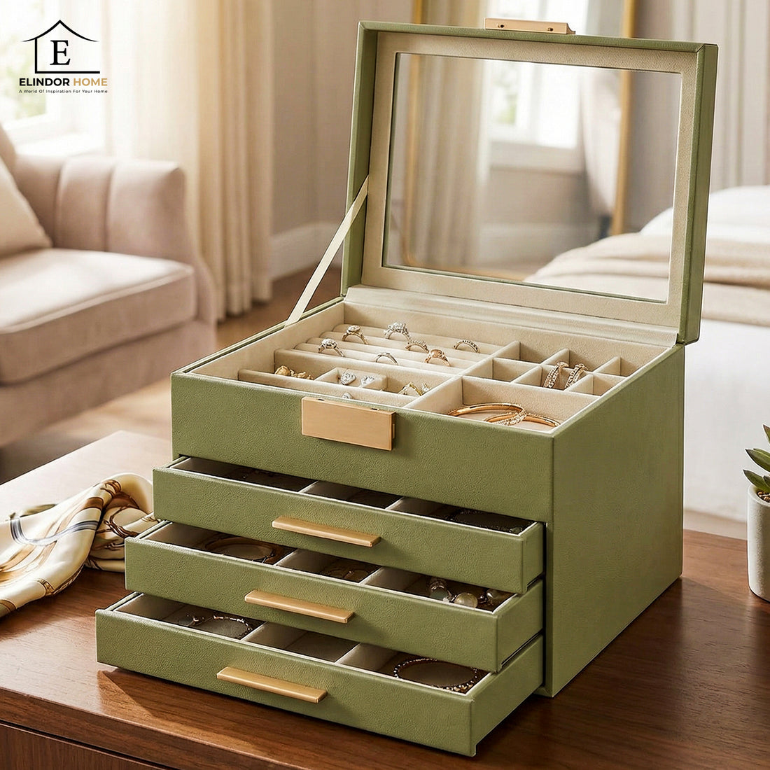 Cutie de Bijuterii Elindor® cu Capac, Organizator 4 Niveluri, 3x Sertar, Spatiu Depozitare Inel, Verighete, Lantisoare, Bratari, Cercei, Caseta din Material Catifelat, Rafinat, Simplu si Elegant, Piele Ecologica, 23×20x16.5 cm, Verde Masliniu