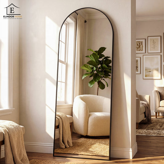 Oglinda de Podea Neagra Elindor®, 165 x 60 cm, cu Suport, cu Rama Tip Arcada din Aluminiu, Montare pe Perete sau Agatare, Oglinda Corp Intreg Pentru Dormitor, Living, Birou sau Dulap, Usoara, Multifuntionala, Reglabila