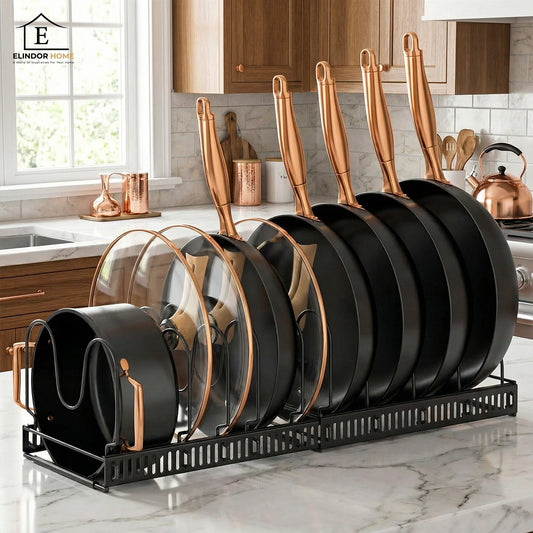 Organizator Vase Elindor® cu 10 Compartimente, Suport Chiuveta, Ideal pentru Farfurii, Oale, Tigai, Capace, pentru Bucatarie Multifunctional, pentru Blat sau in Dulap, 30-58x19x17 cm, Negru