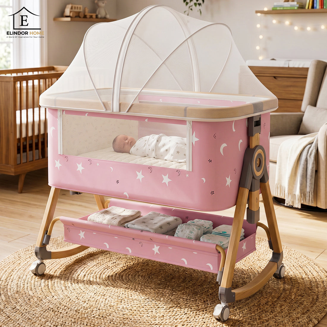 Patut Pliabil Bebelusi Elindo® 3 in 1, Copii 0-6 luni, Leagan Bebe pe 6 Nivele de Inaltime, Cos Depozitare, Portabil, Plasa Laterala, Roti cu Sistem Blocare, Saltea Integrata, Greutate Maxima 9-12 kg, Model cu Stele, Roz
