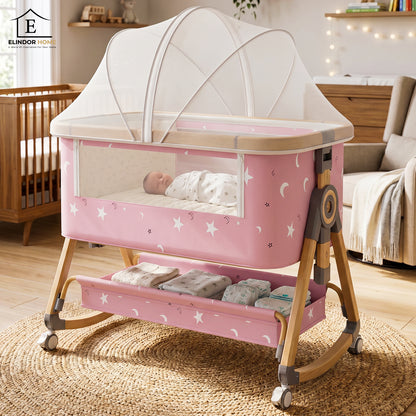 Patut Pliabil Bebelusi Elindo® 3 in 1, Copii 0-6 luni, Leagan Bebe pe 6 Nivele de Inaltime, Cos Depozitare, Portabil, Plasa Laterala, Roti cu Sistem Blocare, Saltea Integrata, Greutate Maxima 9-12 kg, Model cu Stele, Roz