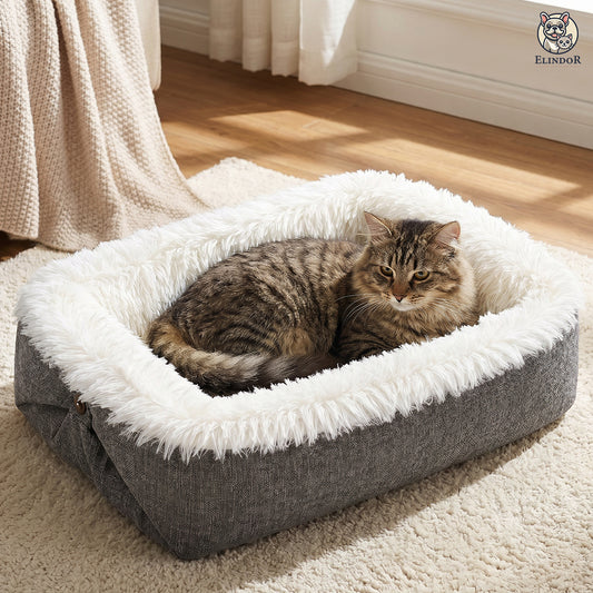 Pat Confortabil pentru Caini si Pisici Elindor® Tip Cuib pentru Relaxare, Dreptunghiular, Culcus Moale Antiderapant, Potrivit pentru Caine si Pisica de Talie Mica si Medie, Ideal in Orice Anotimp, in Casa, 61 x 51 cm, Gri