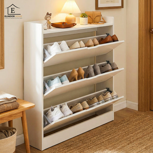 Organizator pentru Pantofi Elindor® Pantofar tip Dulap cu 3 Nivele Mari, Fara Gauri, Suport pentru Papuci, Dulap Hol, Living, Dormitor, Economisire Spatiu, Depozitare Incaltaminte, 50 x 17 x 120 cm, Alb