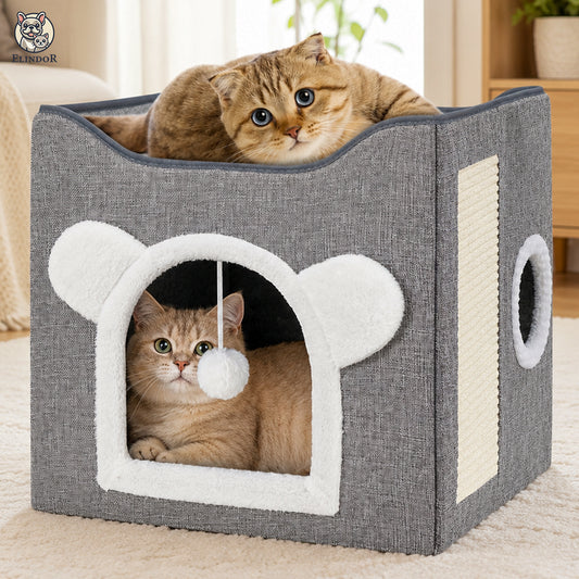 Pat pentru Pisici si Caini Elindor®, Culcus Tip Casuta, pe 2 Nivele, Pliabila, cu O Intrare, Zona de Ascutit Gheare, Minge de Joaca Atasata, Ascunzatoare pentru Odihna si Joaca, 39 x 39 x 38 cm, Gri