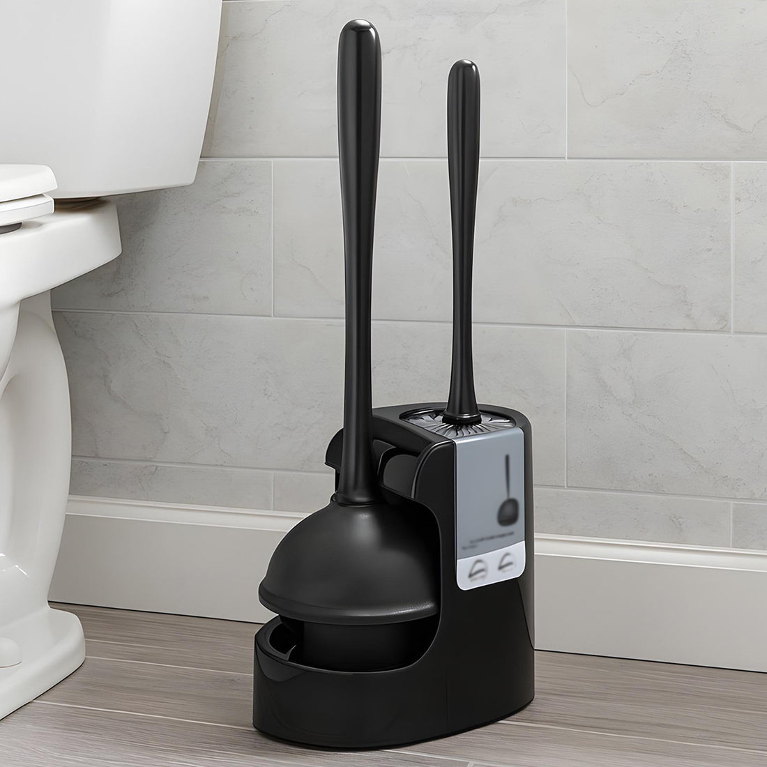 Set Perie WC si Pompa Silicon Elindor® de Toaleta sau Chiuveta, pentru Baie, Suport Discret, Maner Ergonomic, Perie 360°, Ventuza Puternica, fara Gaurire, Accesorii pentru Uz Casnic, Comercial, Rulote, 21 x 16 x 46 cm, Negru