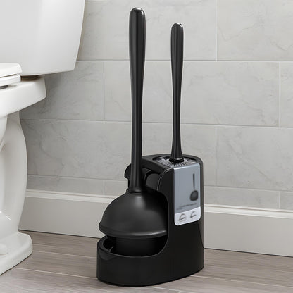 Set Perie WC si Pompa Silicon Elindor® de Toaleta sau Chiuveta, pentru Baie, Suport Discret, Maner Ergonomic, Perie 360°, Ventuza Puternica, fara Gaurire, Accesorii pentru Uz Casnic, Comercial, Rulote, 21 x 16 x 46 cm, Negru