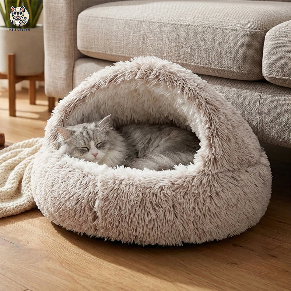 Pat Confortabil pentru Caini si Pisici Elindor® Rotund, Culcus Moale Antiderapant, Potrivit pentru Caine si Pisica de Talie Mica si Medie, Ideal in Orice Anotimp, in Casa, 60 × 60 × 16 cm, Gri / Bej