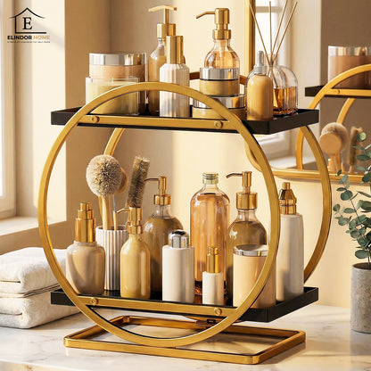 Organizator Cosmetice 2 Niveluri Elindor®, Suport Parfum si Skincare, Raft de Dus Baie, Etajera Depozitare, Accesorii Universale, 28 × 15 × 29 cm, Negru / Auriu